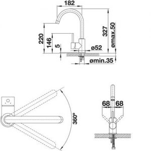 Kích thước lắp đặt vòi rửa Blancomida Jasmine 569.07.600
