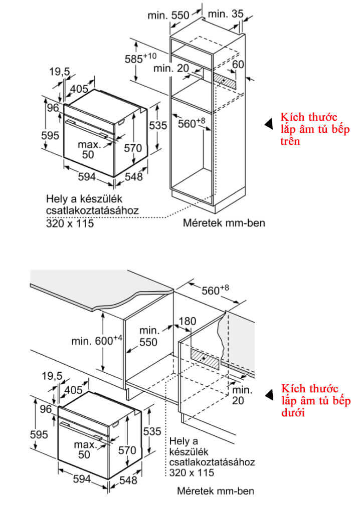 Kích thước lắp đặt lò nướng âm tủ Bosch HBA534EB0K: