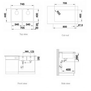 Kích thước chậu rửa bát Blanco Blanco ANDANO 340/340-IF 522983