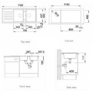 Kích thước chậu rửa bát đá Blanco LEXA 8S 524980 màu đen