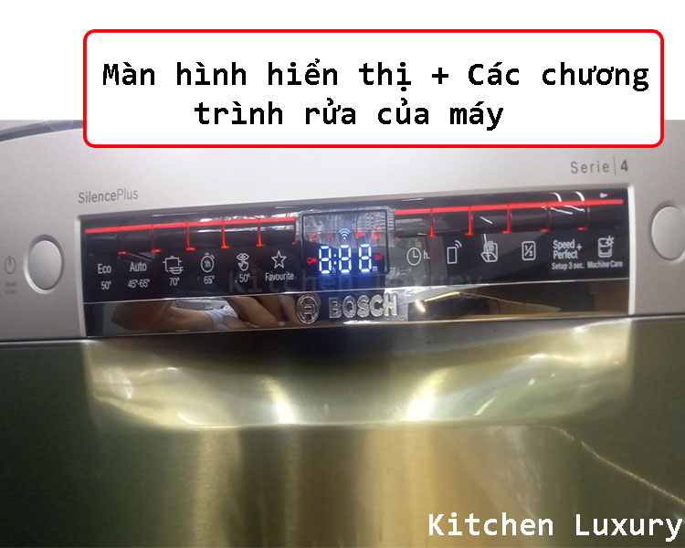 Màn hình hiển thị và các chương trình rửa của máy rửa bát bosch sms4eci14e