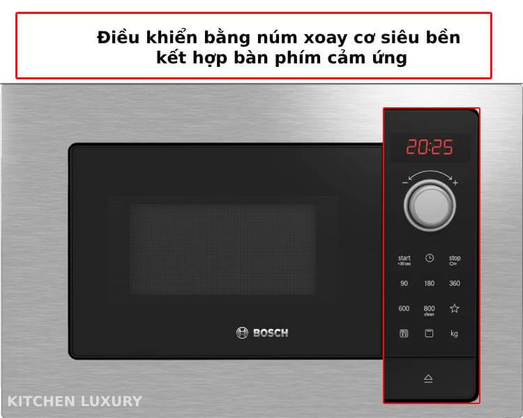 Điều khiển núm xoay cơ siêu bền kết hợp phím cảm ứng lò vi sóng Bosch